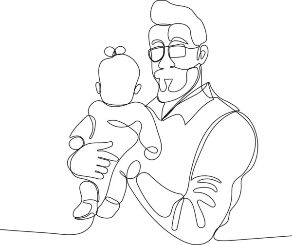 一个有孩子的父亲的拥抱 一个连续的线条画横幅 海报与家人拥抱 父亲节快乐 孩子和父亲的简单图解 矢量说明 — 图库矢量图片