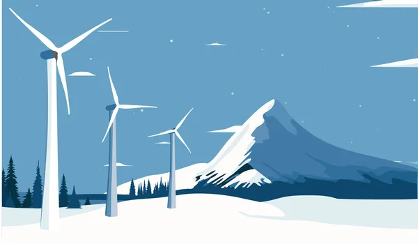 Salju Menutupi Pemandangan Dengan Turbin Angin Bagian Depan Dan Gunung - Stok Vektor