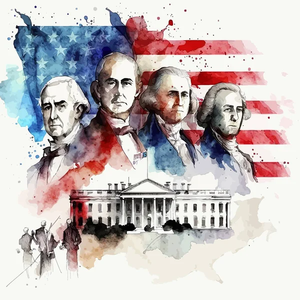 アメリカのシンボルの水彩画 白地にはアメリカ兵の水彩画が描かれ 旗を背景に独立宣言とワシの宣言に署名したアメリカ人の姿が描かれている ベクターイラスト — ストックベクタ
