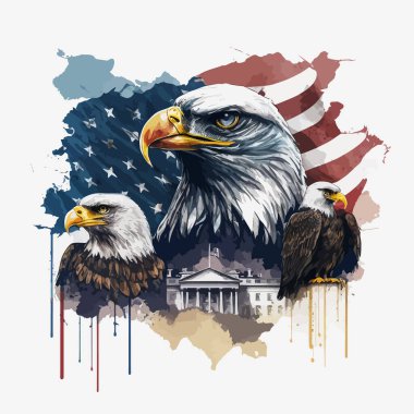Bir Amerikan sembolünün suluboya çizimi. Beyaz arka planda, bir Amerikan askerinin suluboya çizimi, bayrağın arka planında bağımsızlık ilanını ve kartalları imzalayan Amerikan figürleri. Vektör illüstrasyonu