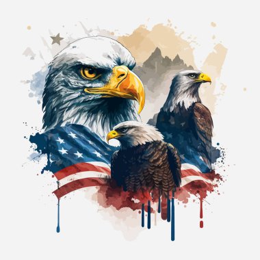 Bir Amerikan sembolünün suluboya çizimi. Beyaz arka planda, bir Amerikan askerinin suluboya çizimi, bayrağın arka planında bağımsızlık ilanını ve kartalları imzalayan Amerikan figürleri. Vektör illüstrasyonu