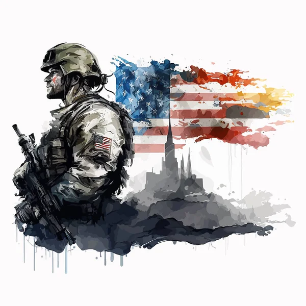 アメリカのシンボルの水彩画 白地にはアメリカ兵の水彩画が描かれ 旗を背景に独立宣言とワシの宣言に署名したアメリカ人の姿が描かれている ベクターイラスト — ストックベクタ
