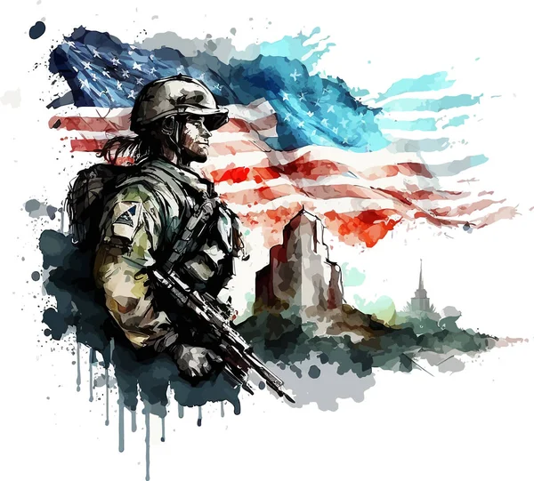 Akwarelowy Rysunek Amerykańskich Symboli Białym Tle Akwarelowy Rysunek Amerykańskiego Żołnierza — Wektor stockowy