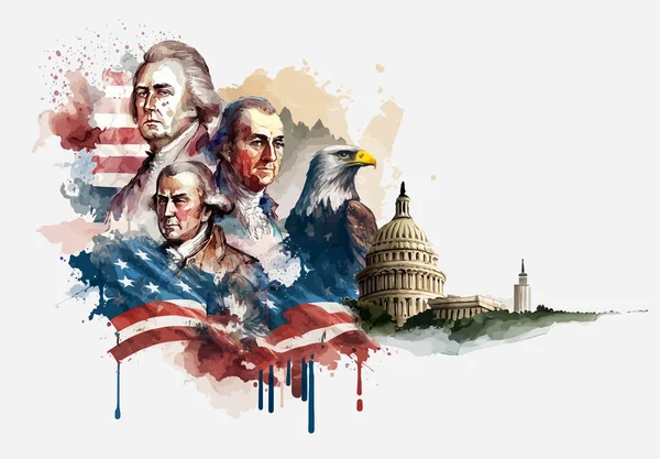 白地にはアメリカ兵の水彩画が描かれ旗を背景に独立宣言とワシの署名をしたアメリカ人の姿が描かれています — ストックベクタ