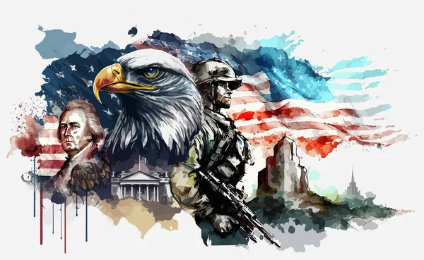 Auf Weißem Hintergrund Eine Aquarellzeichnung Eines Amerikanischen Soldaten Amerikanische Figuren — Stockvektor