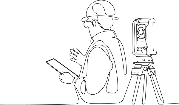Κοντινό Πλάνο Του Καυκάσιου Εργάτη Κράνος Στο Κεφάλι Χρησιμοποιώντας Tablet — Διανυσματικό Αρχείο