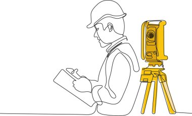 Kafasında miğfer olan Kafkas işçisinin depoda dururken iş için tablet kullanmasını kapatın. Tripod ikonu olan bir araştırmacı. Jeodezik üçayak. Vektör illüstrasyonu
