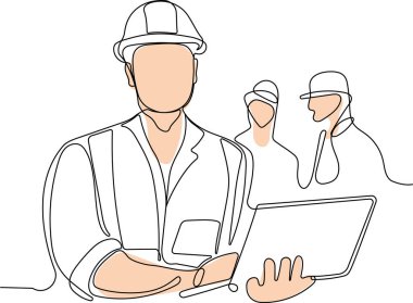 Kafasında miğfer olan Kafkas işçisinin depoda dururken iş için tablet kullanmasını kapatın. Tripod ikonu olan bir araştırmacı. Jeodezik üçayak. Vektör illüstrasyonu