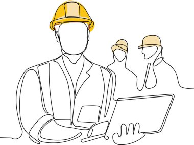 Kafasında miğfer olan Kafkas işçisinin depoda dururken iş için tablet kullanmasını kapatın. Tripod ikonu olan bir araştırmacı. Jeodezik üçayak. Vektör illüstrasyonu