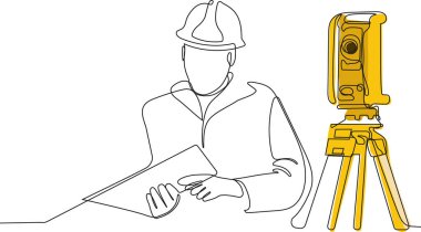 Kafasında miğfer olan Kafkas işçisinin depoda dururken iş için tablet kullanmasını kapatın. Tripod ikonu olan bir araştırmacı. Jeodezik üçayak. Vektör illüstrasyonu