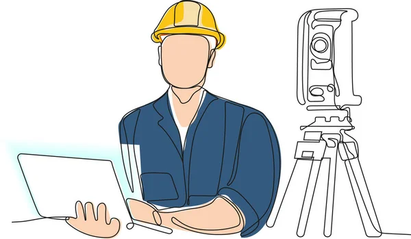 Close Caucasian Worker Helmet Head Using Tablet Work While Standing — Stock Vector