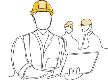 Kafasında miğfer olan Kafkas işçisinin depoda dururken iş için tablet kullanmasını kapatın. Tripod ikonu olan bir araştırmacı. Jeodezik üçayak. Vektör illüstrasyonu