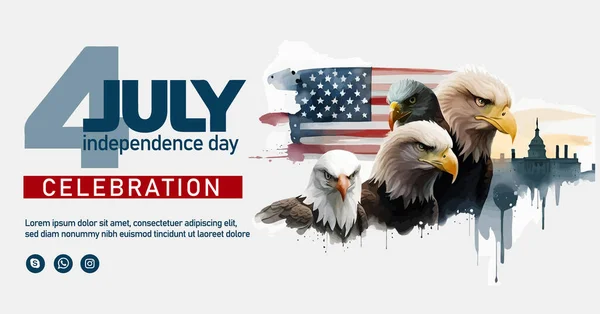 7月4日美国独立日快乐贺卡 上面挂着美国国旗和手写的文字图案 — 图库矢量图片