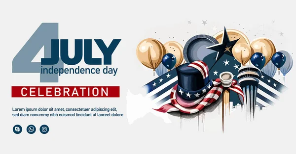 7月4日美国独立日快乐贺卡 上面挂着美国国旗和手写的文字图案 — 图库矢量图片