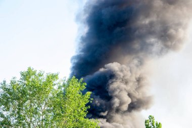 Bir orman yangınını söndürmek için suyu şarj eden acil durum helikopteri mavi gökyüzüne doğru yoğun siyah duman yükseliyor. Ateşten duman çıkıyor. Felaket! Yüksek kalite fotoğraf
