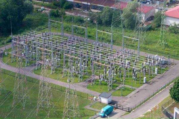 stock image Power plant - transformation station. Multitude of cables and wires. High quality photo from above