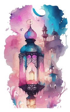 Ornamental Arabic lantern with burning candle glowing . Festive greeting card, invitation for Muslim holy month Ramadan Kareem. Ramadan Kareem greeting photo with serene mosque background.