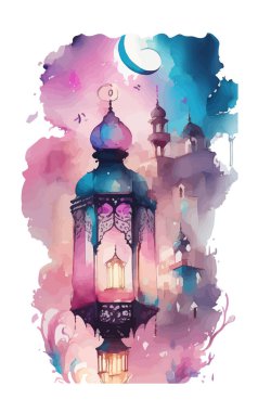 Ornamental Arabic lantern with burning candle glowing . Festive greeting card, invitation for Muslim holy month Ramadan Kareem. Ramadan Kareem greeting photo with serene mosque background.
