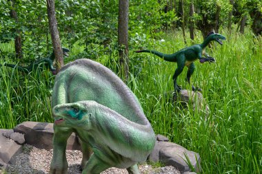Jurasik dünyadan bir sahnede bir dinazor gösteriliyor. Parktaki dinozor modeli. Dev Tyrannosaurus parktaki bir sergide.