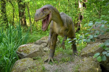 Jurasik dünyadan bir sahnede bir dinazor gösteriliyor. Parktaki dinozor modeli. Dev Tyrannosaurus parktaki bir sergide.