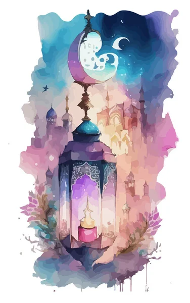 Ornamental Arabic Lantern Burning Candle Glowing Festive Greeting Card Invitation — Vettoriale Stock