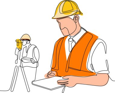 Kafasında miğfer olan Kafkas işçisinin depoda dururken iş için tablet kullanmasını kapatın. Tripod ikonu olan bir araştırmacı. Jeodezik üçayak. Vektör illüstrasyonu