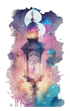 Ornamental Arabic lantern with burning candle glowing . Festive greeting card, invitation for Muslim holy month Ramadan Kareem. Ramadan Kareem greeting photo with serene mosque background.