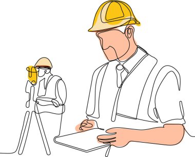 Kafasında miğfer olan Kafkas işçisinin depoda dururken iş için tablet kullanmasını kapatın. Tripod ikonu olan bir araştırmacı. Jeodezik üçayak. Vektör illüstrasyonu