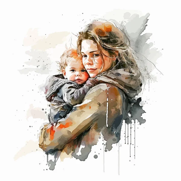 Mutter Mit Kind Aquarellmalerei Liebevolle Mutter Den Armen Umarmen Kleines — Stockvektor