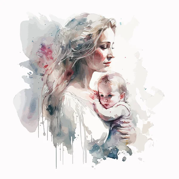 Mother Child Watercolor Painting Loving Mother Hold Arms Embrace Little — Stock Vector