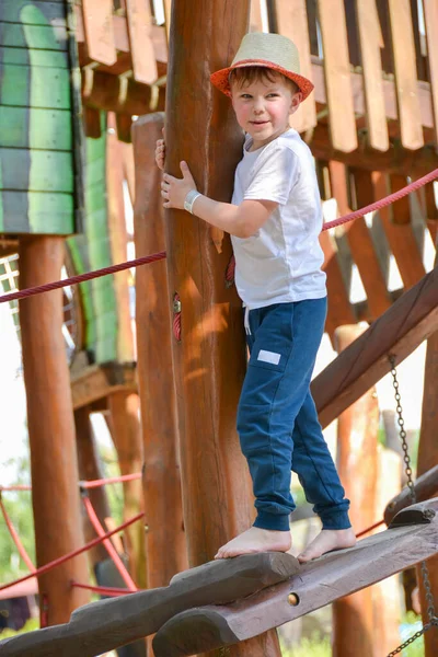 Life Children Modern City Little Boy Having Fun Playground House — Stock Photo, Image