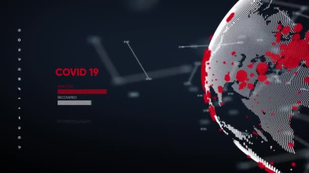 画面上のコロナウイルスモデル プラス 生物学 グローバル パンデミア 健康危機 テクノロジー Covid 19コロナウイルスの地球2020年背景セーバーの統計 Covy — ストック動画