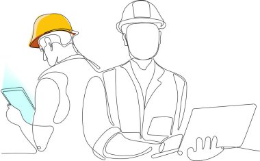 Üniforma giyen ve güvenlik kaskı takan Endüstriyel bakım mühendisi kadının tablet denetimi altında sürekli bir çizimi. Asgari özet kavramı