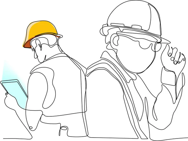 工业维修工程师妇女穿着制服和安全帽的连续单行图纸正在被平板检查 最低限度纲要概念 — 图库矢量图片