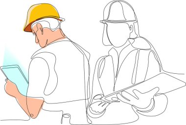 Continuous one line drawing of Industry maintenance engineer wearing uniform and safety helmet under inspection by tablet. Minimal outline concept