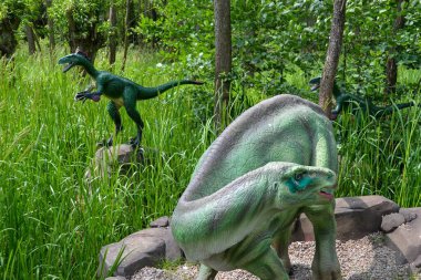 Jurasik dünyadan bir sahnede bir dinazor gösteriliyor. Parktaki dinozor modeli. Dev Tyrannosaurus parktaki bir sergide.