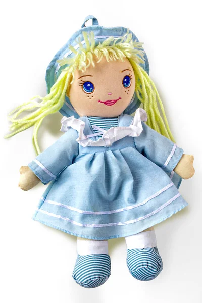 Handmade doll girl, made of fabric, painted with acrylic paints. High quality photo
