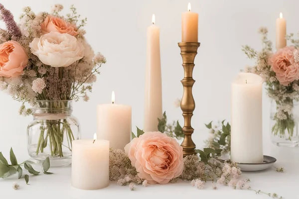 Spa concept of white burning candles with white Gerber flowers. Burning candles and white roses on a wooden table. High quality photo