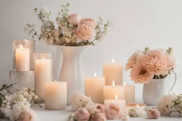 Spa concept of white burning candles with white Gerber flowers. Burning candles and white roses on a wooden table. High quality photo