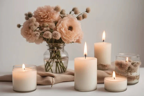 温泉的概念白色燃烧蜡烛与白色Gerber花 在木制桌子上燃着蜡烛和白玫瑰 高质量的照片 — 图库照片#