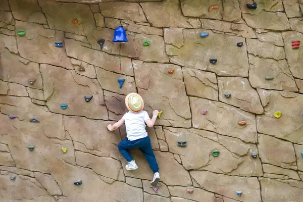 stock image The boy is engaged in rock climbing. Climbing harness safety sports equipment. Rope amusement city park, obstacle course. Kids children's attraction center. High quality photo