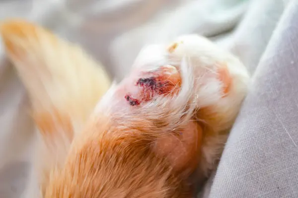 猫的手指断了 一只生病的亮橙色猫的爪子 猫的脚是伤口 高质量的照片 高质量的照片 — 图库照片#