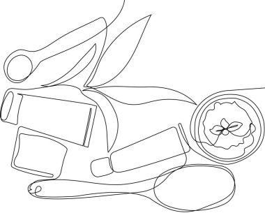 Doğal bitkisel cilt bakım ürünleriyle sürekli bir sıra ovalama ve vücut bakımı, malzemelerin üst görünümü. Vektör illüstrasyonu