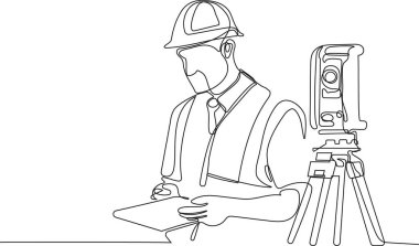 Kafasında miğfer olan Kafkas işçisinin depoda dururken iş için tablet kullanmasını kapatın. Tripod ikonu olan bir araştırmacı. Jeodezik üçayak. İnşaat müdürü ve mühendisi inşaat alanında çalışıyor. Vektör illüstrasyonu