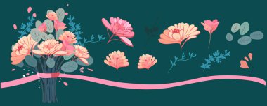 Çiçekli el çizimi ustası. Tasarımın için çiçek unsurları. Çerçeveler, bölücüler. Vektör çizimi. Vektör illüstrasyonu