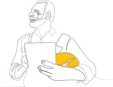 Tripod ikonu olan bir araştırmacı. Jeodezik üçayak. Kafasında miğfer olan Kafkas işçisinin depoda dururken iş için tablet kullanmasını kapatın. Tripod ikonu olan bir araştırmacı. Jeodezik üçayak. Vektör illüstrasyonu