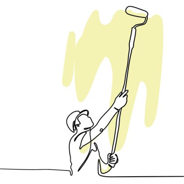 Decorator job, interior decor renovation service vector illustration. Cartoon painter worker man painting house wall with roller brush, professional repairman working, decorating room landing page