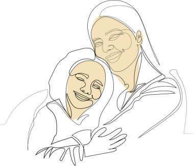 Mutlu anne ve küçük kız kucaklaşır. İlişkilerde sevgi ve ilgi gösterirler. Gülümseyen genç anne ve küçük kız evde dinleniyor. Sarıl ve sarılın. Birlikte aile haftasonunun tadını çıkarın. Vektör illüstrasyonu