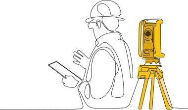 Tripod ikonu olan bir araştırmacı. Jeodezik üçayak. Kafasında miğfer olan Kafkas işçisinin depoda dururken iş için tablet kullanmasını kapatın. Tripod ikonu olan bir araştırmacı. Jeodezik üçayak. Vektör illüstrasyonu