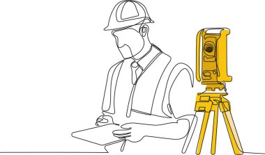 Tripod ikonu olan bir araştırmacı. Jeodezik üçayak. Kafasında miğfer olan Kafkas işçisinin depoda dururken iş için tablet kullanmasını kapatın. Tripod ikonu olan bir araştırmacı. Jeodezik üçayak. Vektör illüstrasyonu